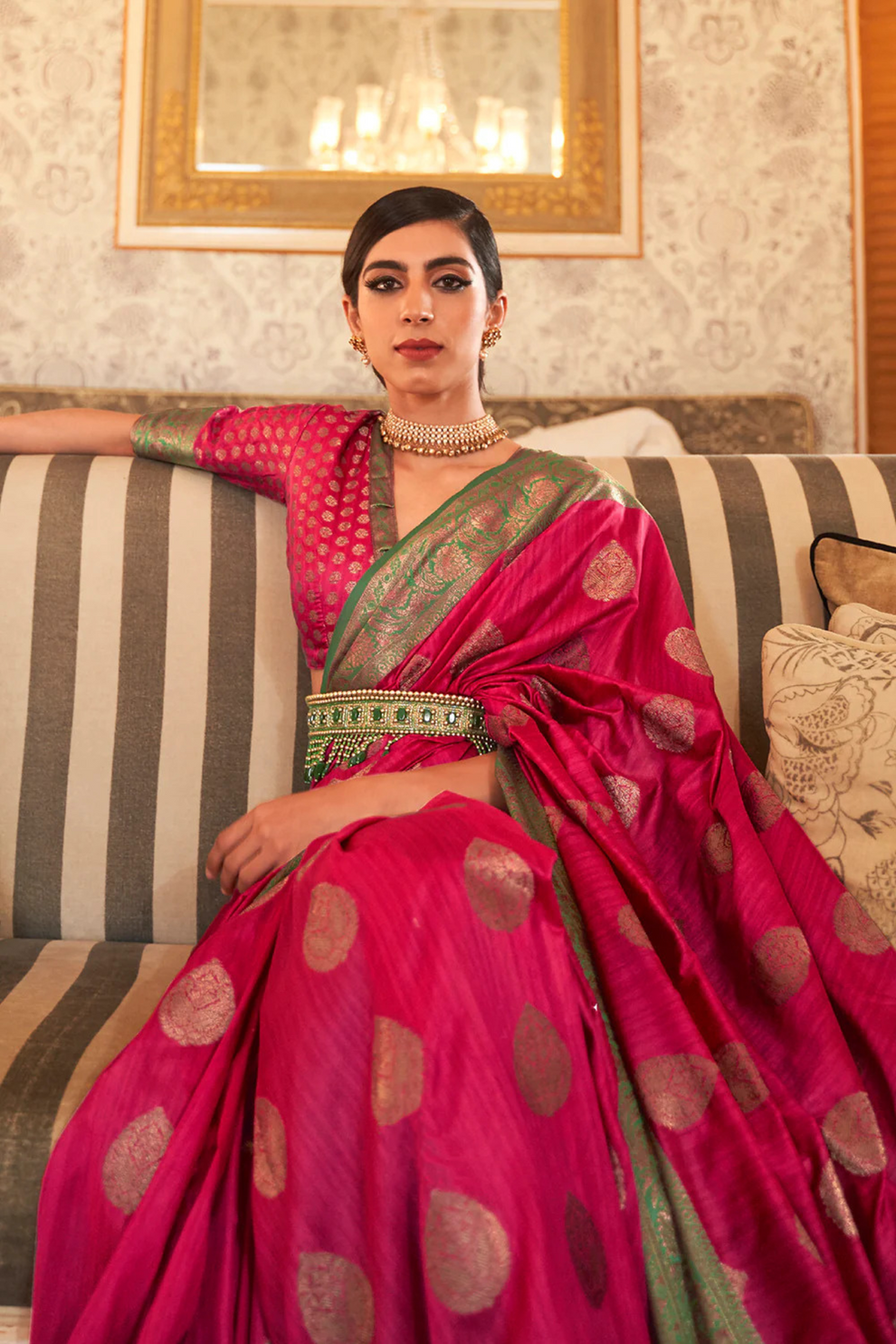 Pink Banarasi Tussar Silk Saree with Designer Boder - Image 2