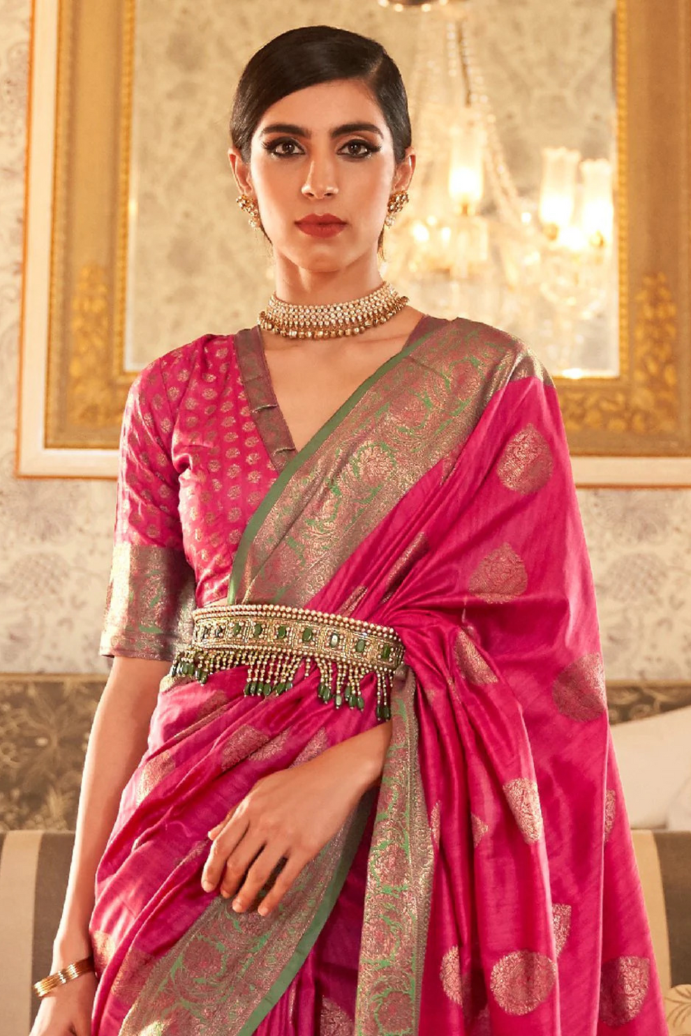 Pink Banarasi Tussar Silk Saree with Designer Boder - Image 3
