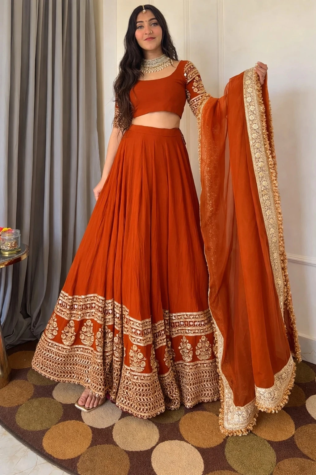 JANDJ Embroidered Semi Stitched Lehenga & Crop Top (Orange)