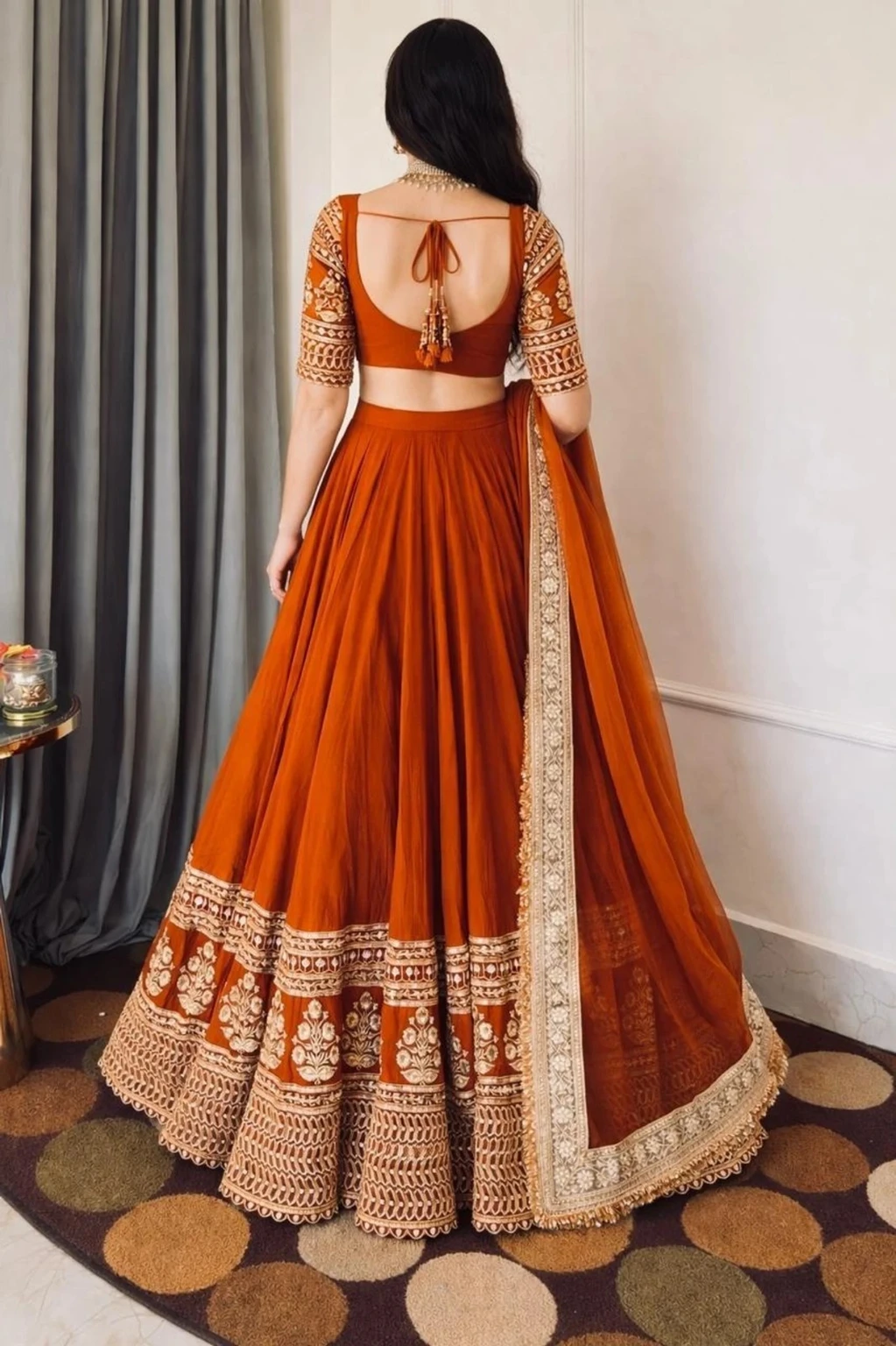 JANDJ Embroidered Semi Stitched Lehenga & Crop Top (Orange) - Image 2