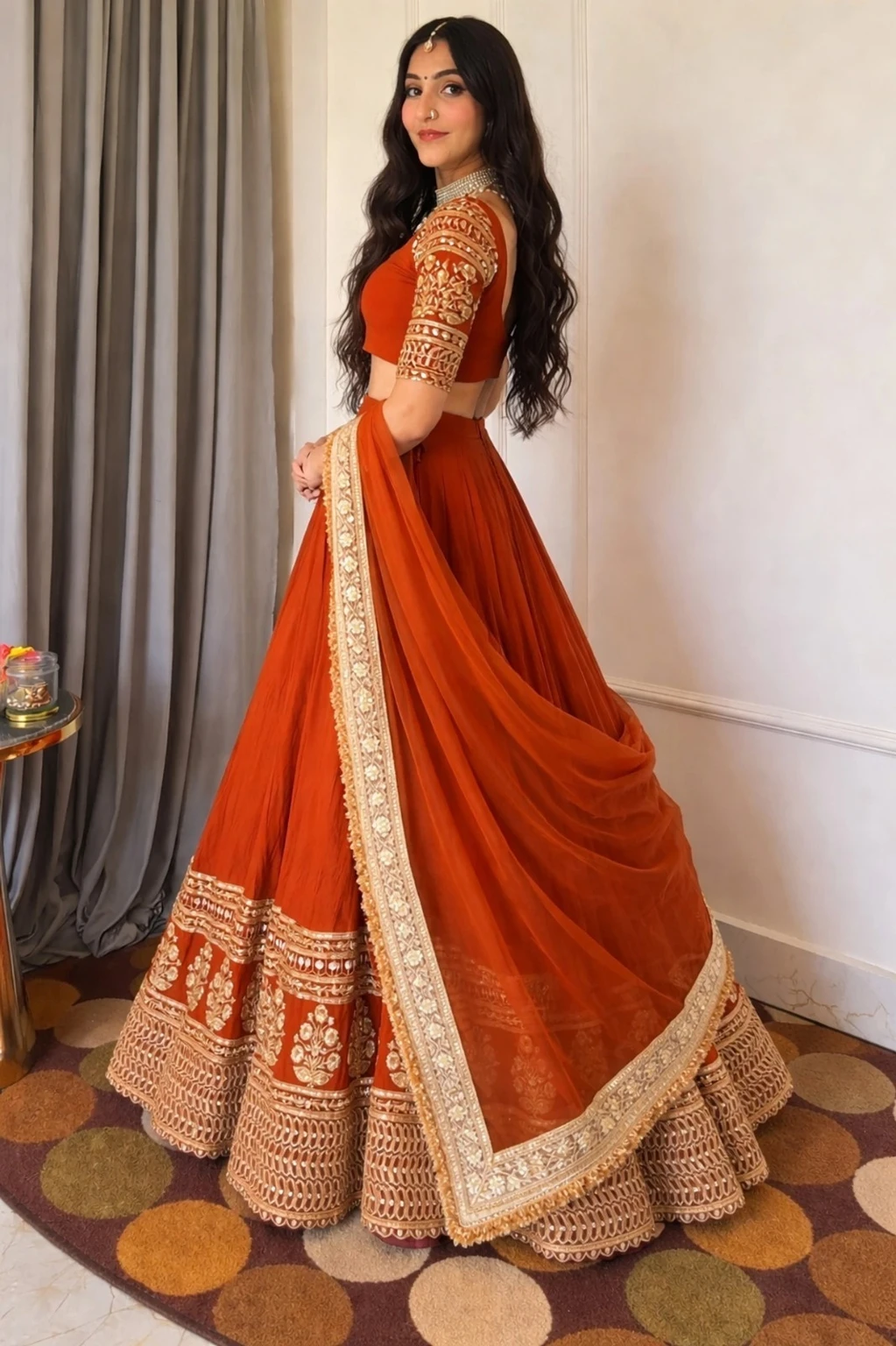JANDJ Embroidered Semi Stitched Lehenga & Crop Top (Orange) - Image 3