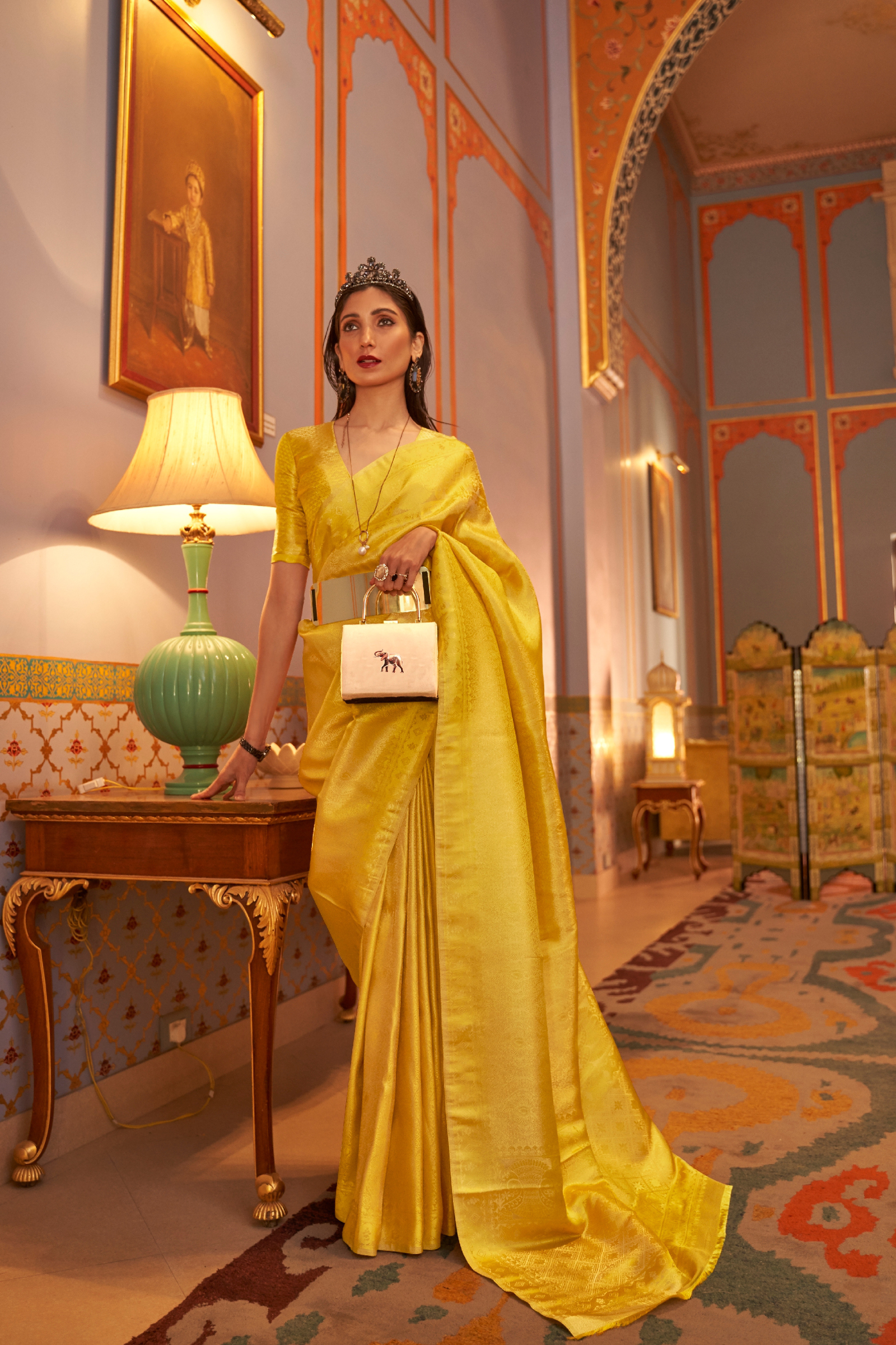 Trendy Yellow Kanjivaram Silk Saree with Satin Weaving