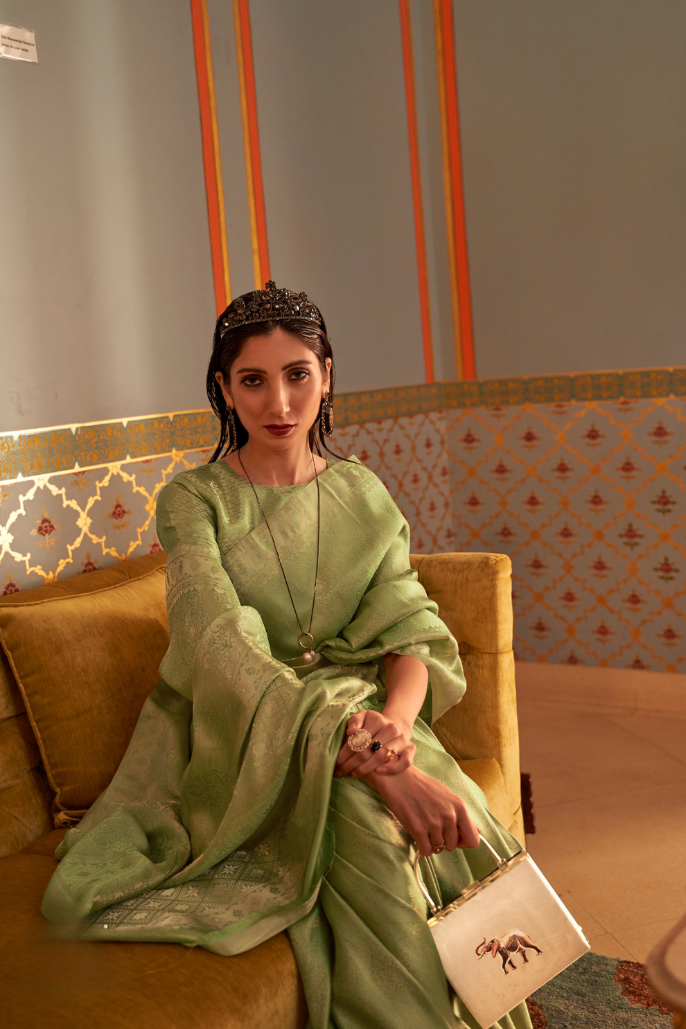 Tan Green Kanjivaram Silk Saree with Satin Weaving - Image 2