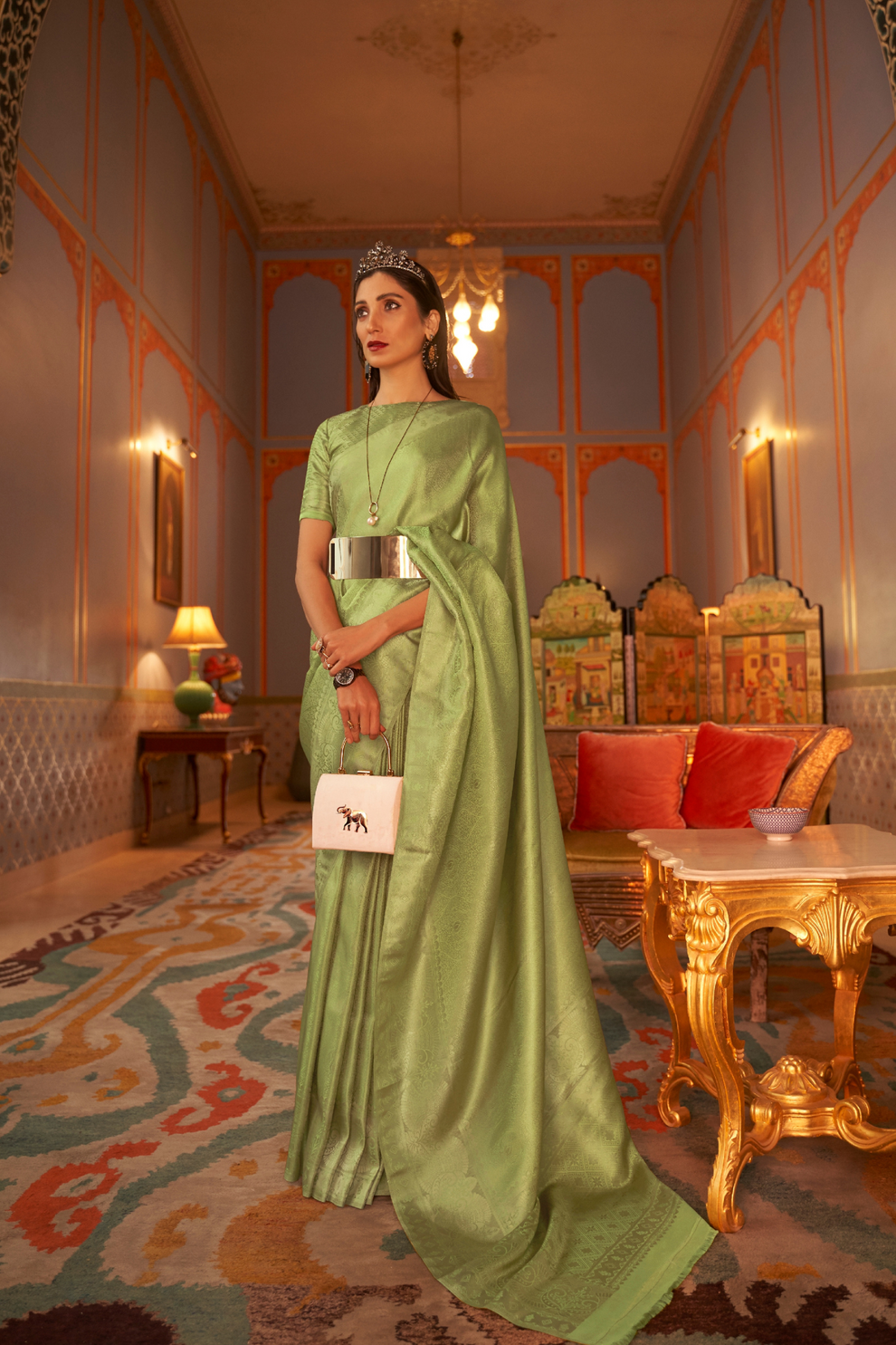 Tan Green Kanjivaram Silk Saree with Satin Weaving - Image 3