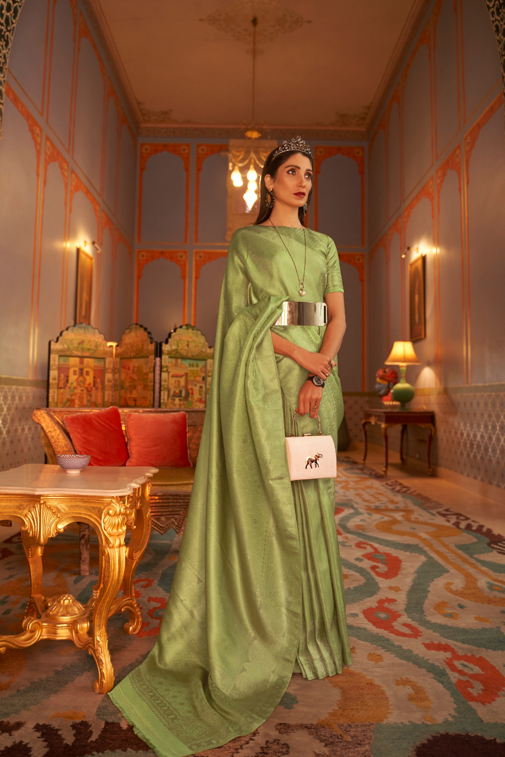 Tan Green Kanjivaram Silk Saree with Satin Weaving