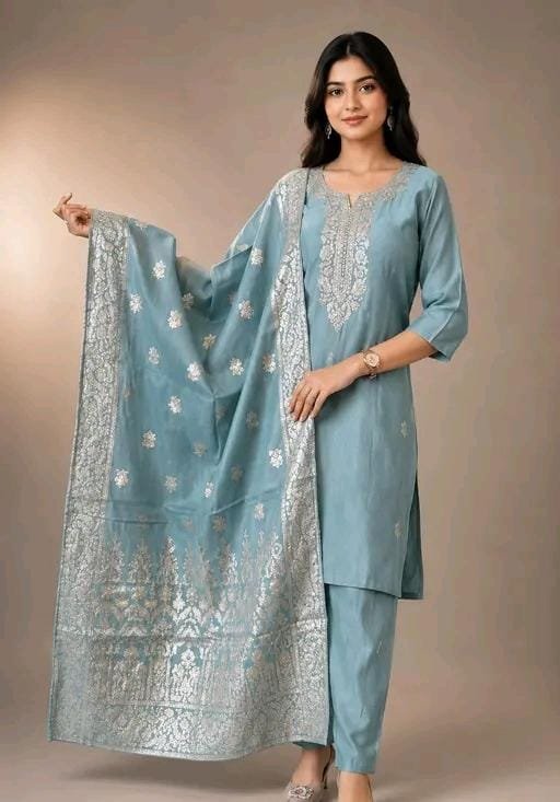 Designer Blue Kurti with Pant and Heavy Zari Woven Dupatta Set - Image 2