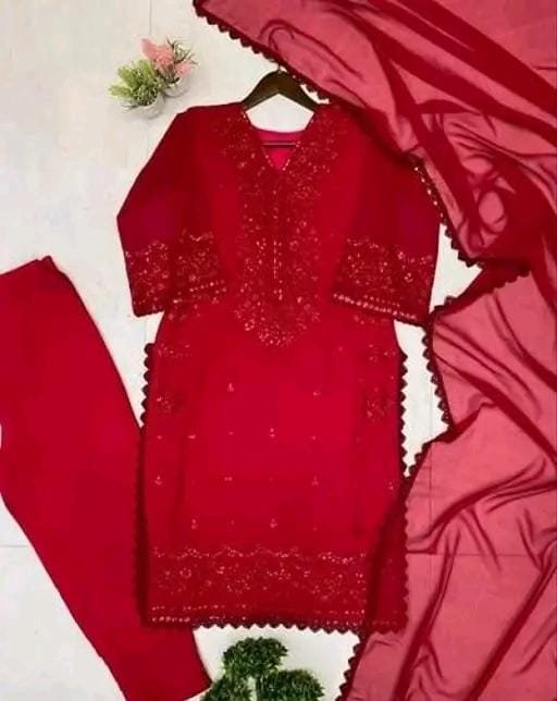 Premium Red Heavy Embroidered Kurti, Pant and Dupatta Set
