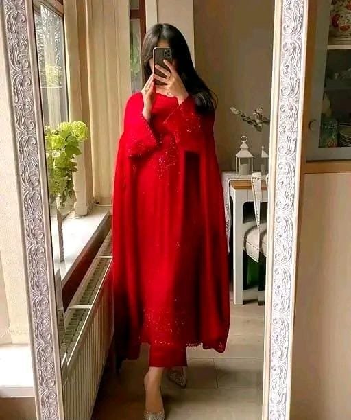 Premium Red Heavy Embroidered Kurti, Pant and Dupatta Set - Image 3