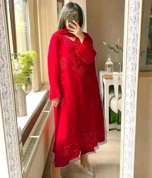 Premium Red Heavy Embroidered Kurti, Pant and Dupatta Set - Image 2
