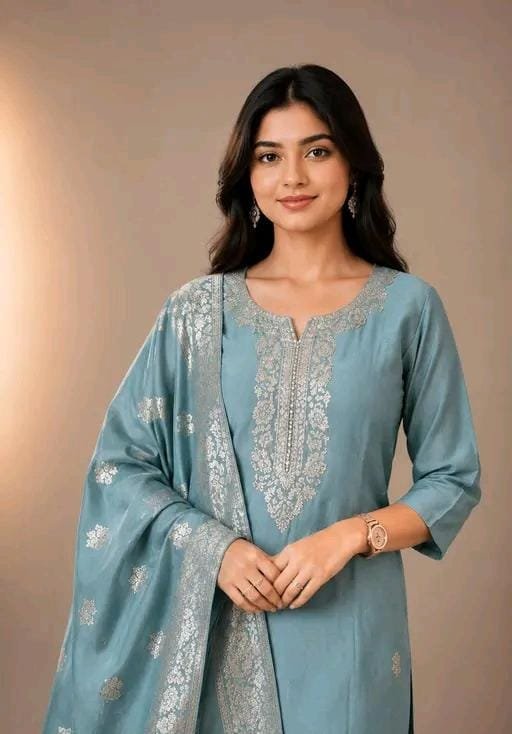 Designer Blue Kurti with Pant and Heavy Zari Woven Dupatta Set - Image 4